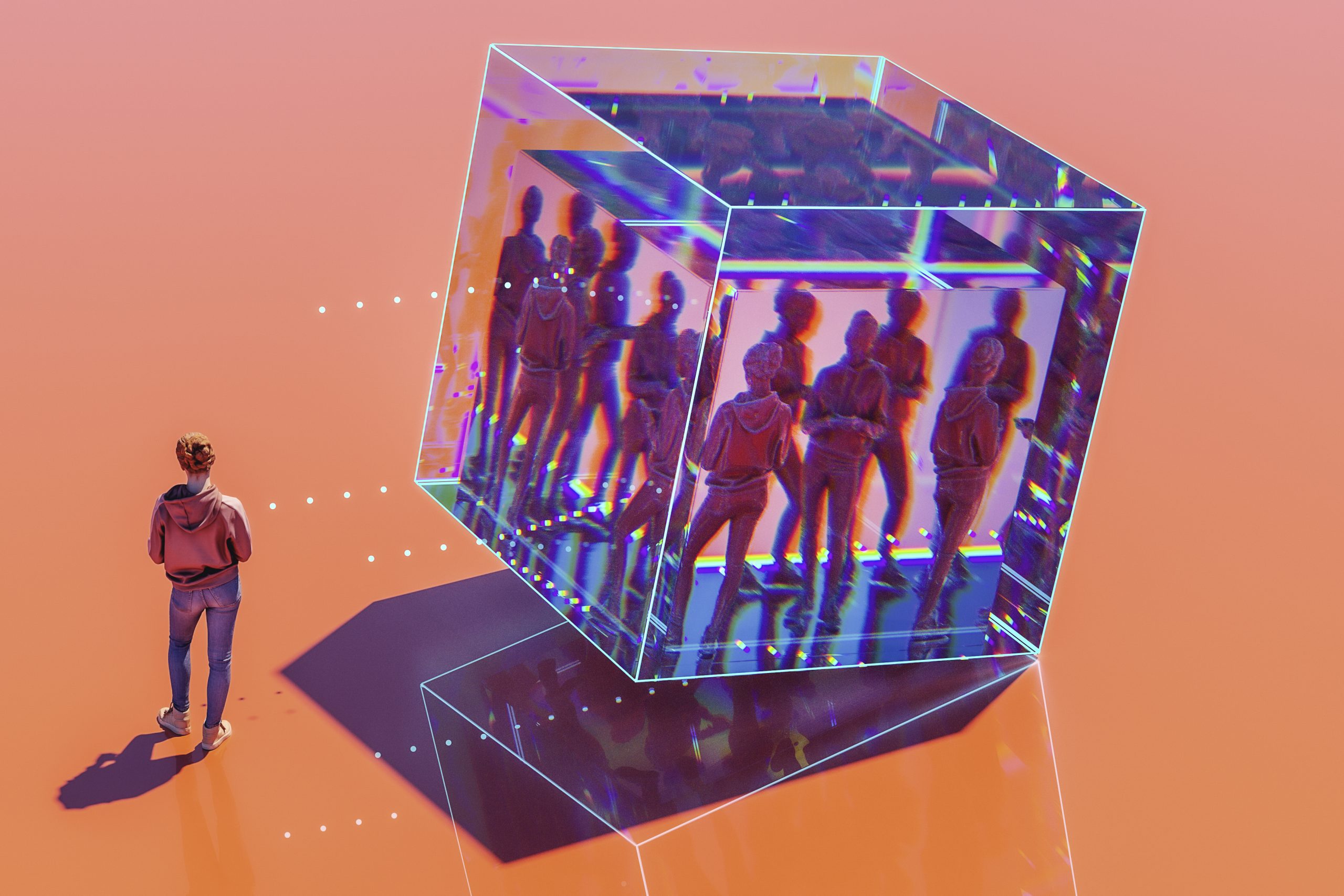 Young woman using smart phone, VR environment