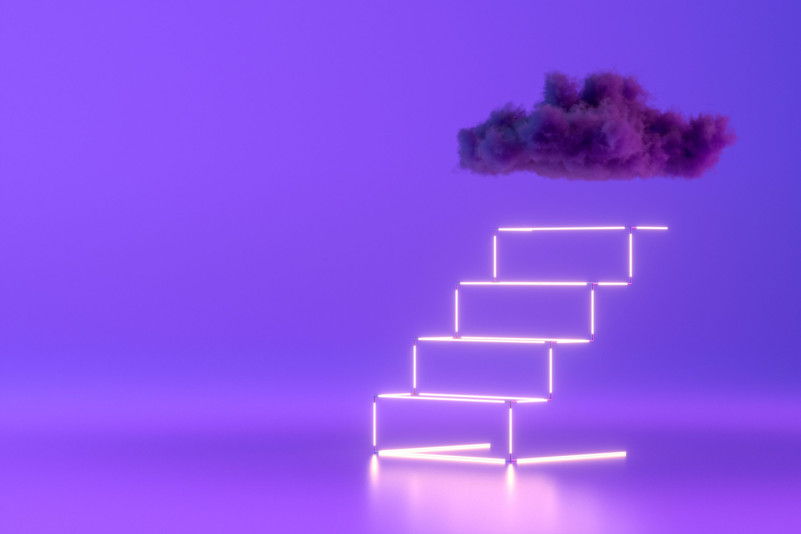 Neon Light Staircase to Cloud on Purple Background